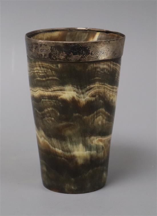 A silver mounted horn beaker height 14cm